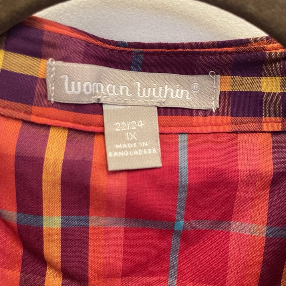 Woman‎ Within Red Plaid Button Up Long Sleeve Shirt 22 24 Preppy Classic New - Picture 3 of 7